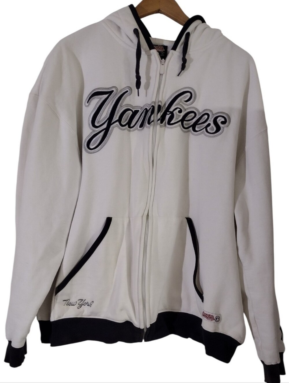 Vintage Stitches White Hoodie with Black Label and Red Logo